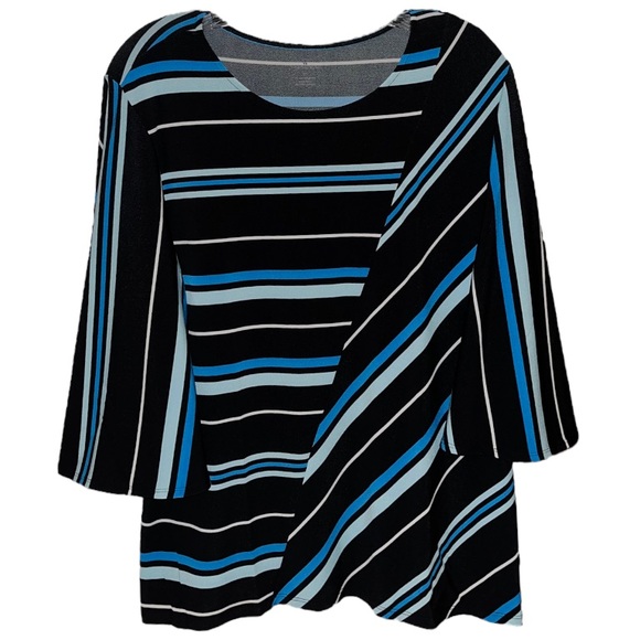 Stretch Knit Blouse Flowy Multi Stripes Blue Black 3/4 Sleeve Top Size XLarge - Picture 5 of 12